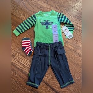 Kushies Green & Navy Baby Outfit with Socks Size 3 Months Cotton New